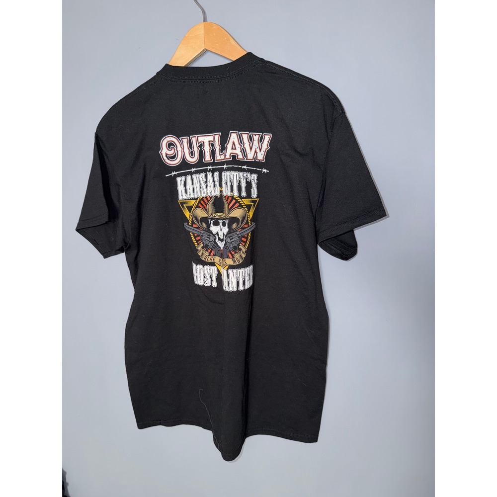Outlaw Kansas City‎ Skull Guns Cowboy Hat T Shirt Mens Large Gildan DryBlend